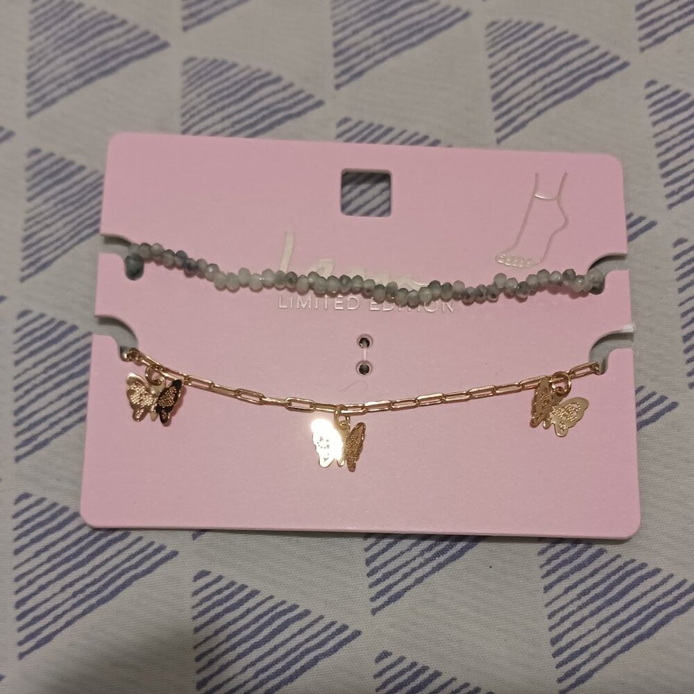 I Am Fashion Jewelry Gold Tone Beaded Butterfly Charm Layered Anklet Set Boho